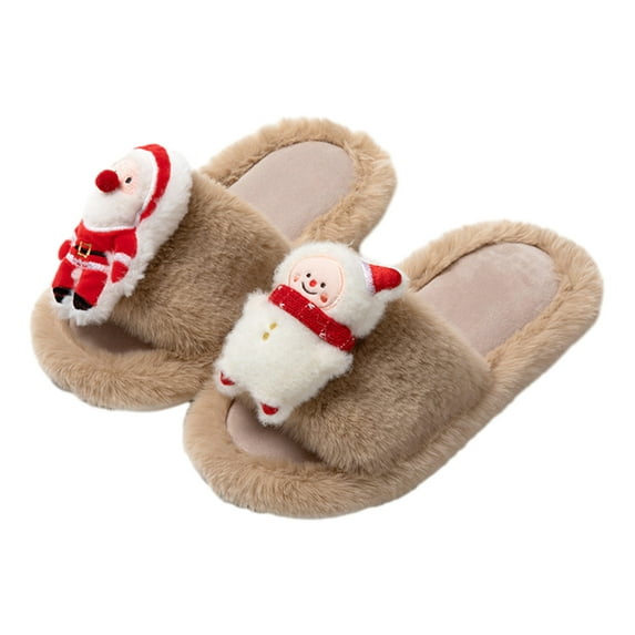 Lovskoo 2024 Women's Novelty Christmas Slippers Open Toe Cute Santa Claus House Bedroom Slippers Fuzzy Plush Comfy Lined Slide Shoes Brown