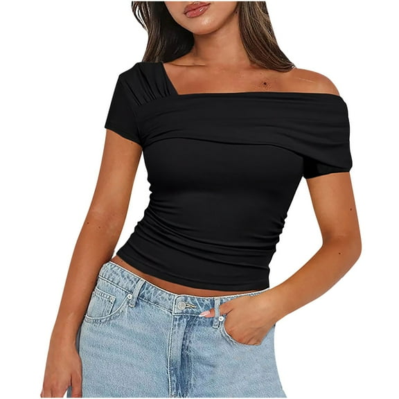 Lovskoo 2024 Women's One Off The Shoulder Top Short Sleeve Boat Neck Ruched Going Out Crop Top Slim Summer Y2K T Shirt Black XL