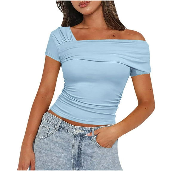 Lovskoo 2024 Women's One Off The Shoulder Top Short Sleeve Boat Neck Ruched Going Out Crop Top Slim Summer Y2K T Shirt Blue XS