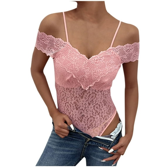 Lovskoo 2024 Women's One Piece Bodysuit Floral Lace Off Shoulder Short Sleeve Bodycon Bustier Bodysuit Pink M