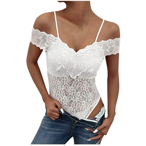 Lovskoo 2024 Women's One Piece Bodysuit Floral Lace Off Shoulder Short Sleeve Bodycon Bustier Bodysuit White M