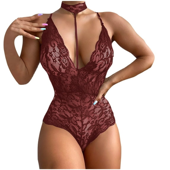 Lovskoo 2024 Women's One Piece Sleepwear Bodysuit Set Sleepwear Corset Mesh Underwire Sleepwear Underwear Set Bra and Panty Sets Wine