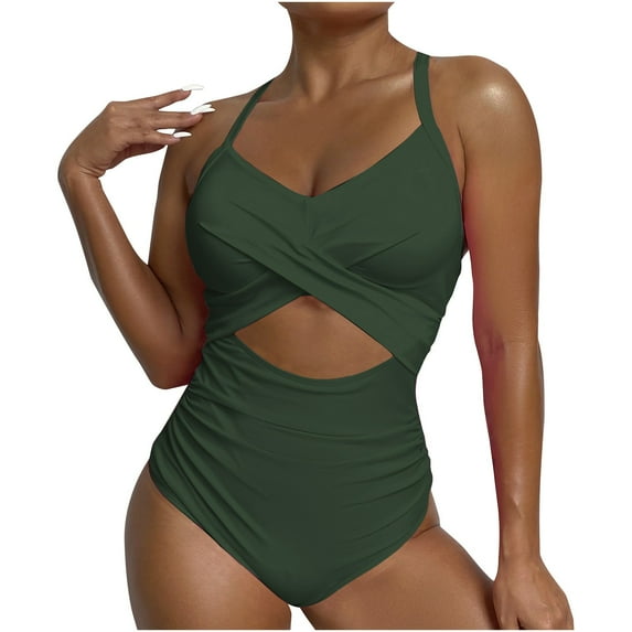 Lovskoo 2024 Women's Swimwear Elegant High Stretch One-Piece Swimsuit With Twist Cut Out Tummy Control Criss Cross Ruching Halter Neck & Hand washable Green-S