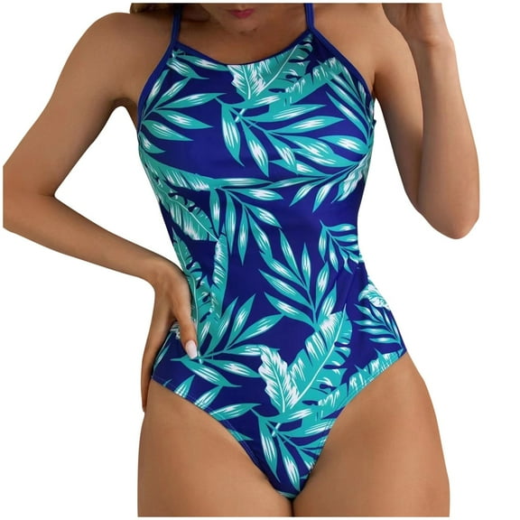 Lovskoo 2024 Women's One Piece Swimsuits Sleeveless Trendy Printed Slim High Waist Bikini Swimsuit Blue-M