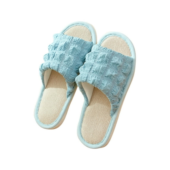 Lovskoo 2024 Women's Open Toe Slippers Flat Home Breathable Linen Slippers Indoor Non-Slip Four Seasons Can Wear Floor Mute Lightweight Cotton Slippers Blue