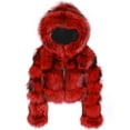 thumbnail image 1 of Lovskoo 2024 Women's Outerwear Hooded Splicing Furry Cropped Jacket Faux Fur Long Sleeve Warm Short Coat Girls Winter Jacket Red, 1 of 2