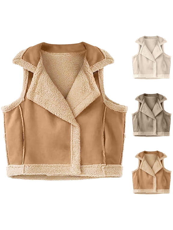 Women's Outerwear Vests Shearling Fleece Jacket Cropped Vest Zip Up Faux Leather Sleeveless Winter Coat with Pockets Beige