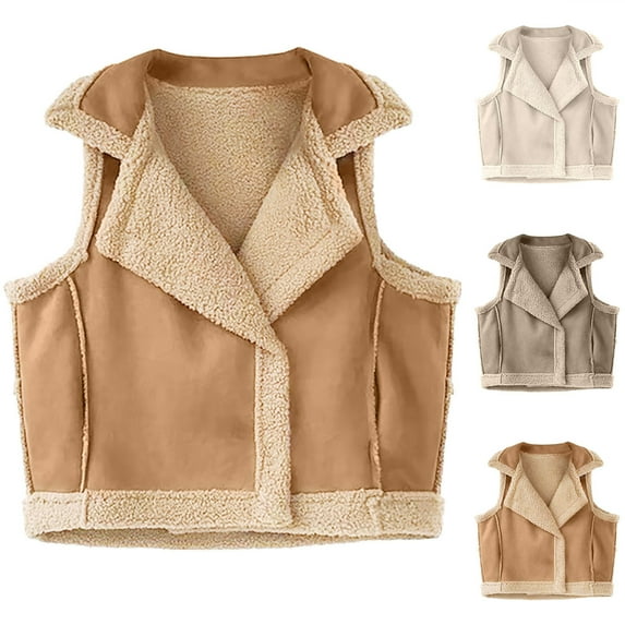 Lovskoo 2024 Women's Outerwear Vests Shearling Fleece Jacket Cropped Vest Zip Up Faux Leather Sleeveless Winter Coat with Pockets Gray
