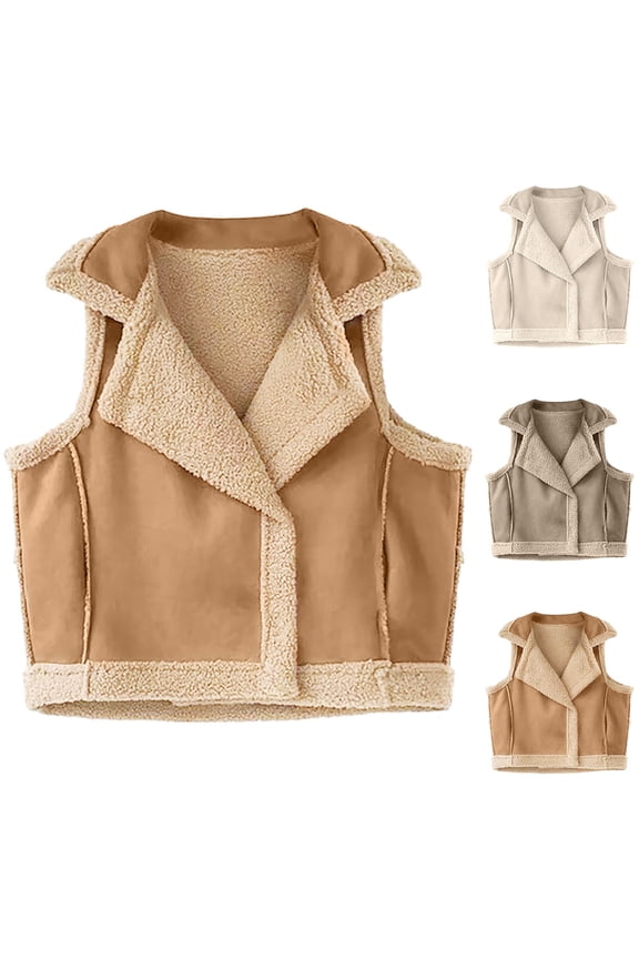 2024 Women's Outerwear Vests Shearling Fleece Jacket Cropped Vest Zip Up Faux Leather Sleeveless Winter Coat with Pockets Gray