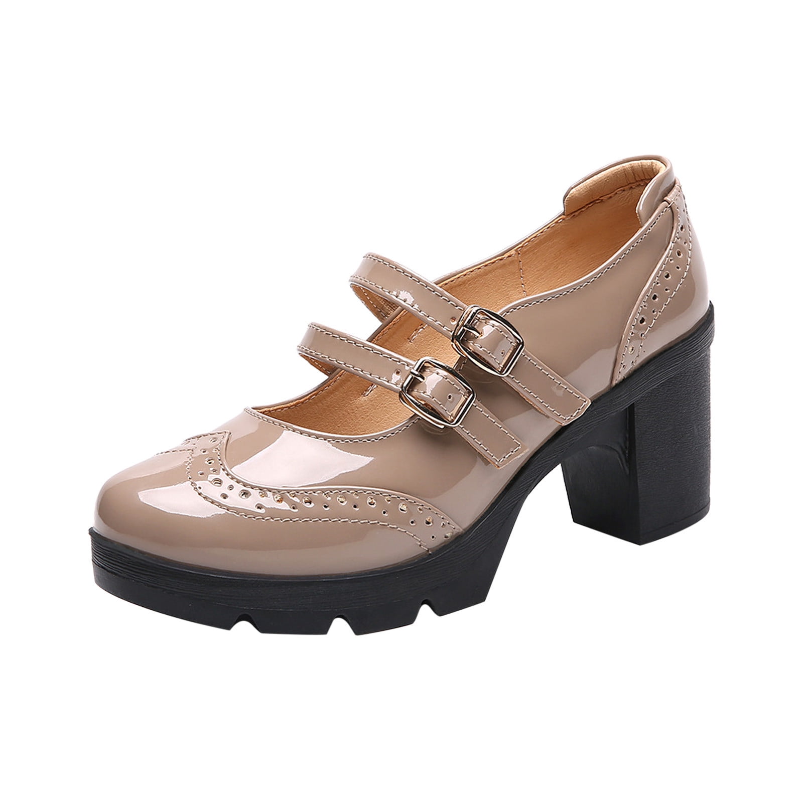 Lovskoo 2024 Women's Oversized Classic Leather Shoes Strappy Platform  Chunky Block Mid-Heel Closed Toe Pumps Mary Dress Wedding Shoes Beige -  Walmart.com