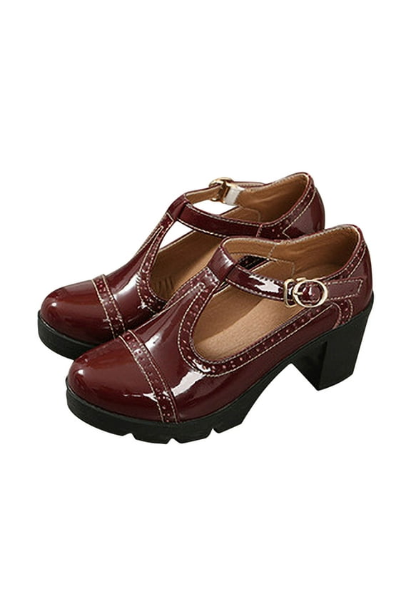 2024 Women's Oversized Classic Leather Shoes T-Strap Platform Chunky Block Mid-Heel Closed Toe Pumps Metal Buckle Mary Dress Wedding Shoes Burgundy
