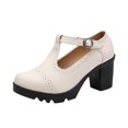 thumbnail image 1 of Lovskoo 2024 Women's Oversized Classic Leather Shoes T-Strap Platform Chunky Block Mid-Heel Closed Toe Pumps Metal Buckle Mary Dress Wedding Shoes Beige, 1 of 4