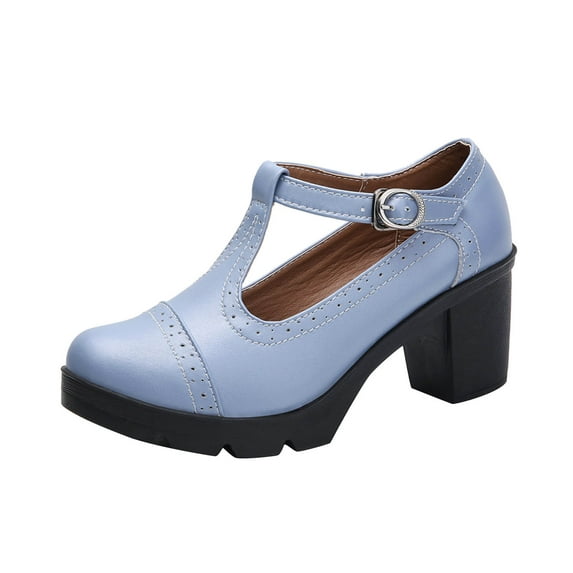 Lovskoo 2024 Women's Oversized Classic Leather Shoes T-Strap Platform Chunky Block Mid-Heel Closed Toe Pumps Metal Buckle Mary Dress Wedding Shoes Blue