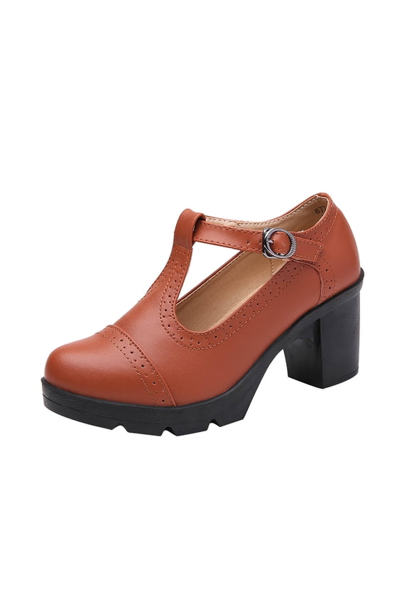 2024 Women's Oversized Classic Leather Shoes T-Strap Platform Chunky Block Mid-Heel Closed Toe Pumps Metal Buckle Mary Dress Wedding Shoes Brown