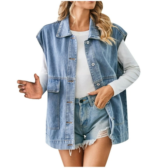 Lovskoo 2024 Women's Oversized Denim Vest Mid Long Jean Vest Cotton Sleeveless Jackets Distressed Vest Blue