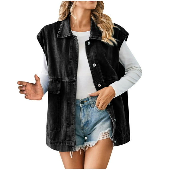 Lovskoo 2024 Women's Oversized Denim Vest Mid Long Jean Vest Cotton Sleeveless Jackets Distressed Vest Gray