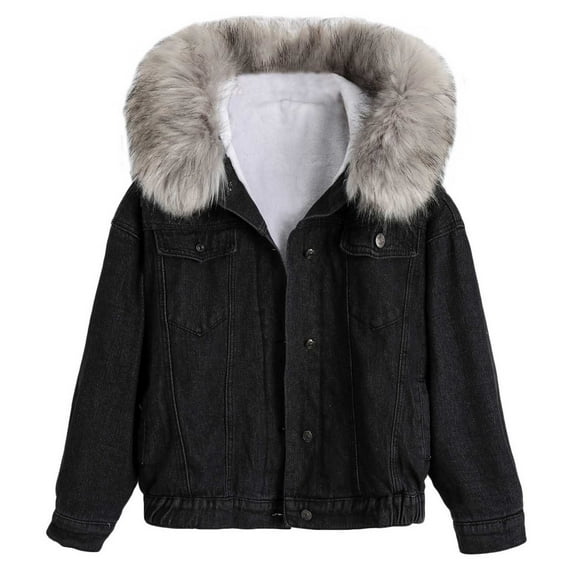 Lovskoo 2024 Women's Oversized Hooded Jacket Faux Fur Warm Denim Winter Overcoat Sherpa Lined Denim Qulited Jacket Jean Coat Black