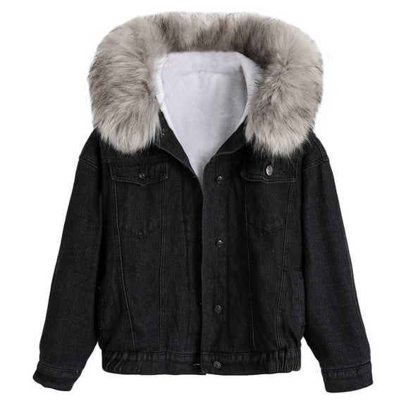 Lovskoo 2024 Women's Oversized Hooded Jacket Faux Fur Warm Denim Winter Overcoat Sherpa Lined Denim Qulited Jacket Jean Coat Black