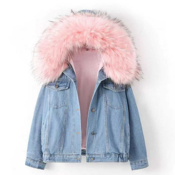 Lovskoo 2024 Women's Oversized Hooded Jacket Faux Fur Warm Denim Winter Overcoat Sherpa Lined Denim Qulited Jacket Jean Coat Pink