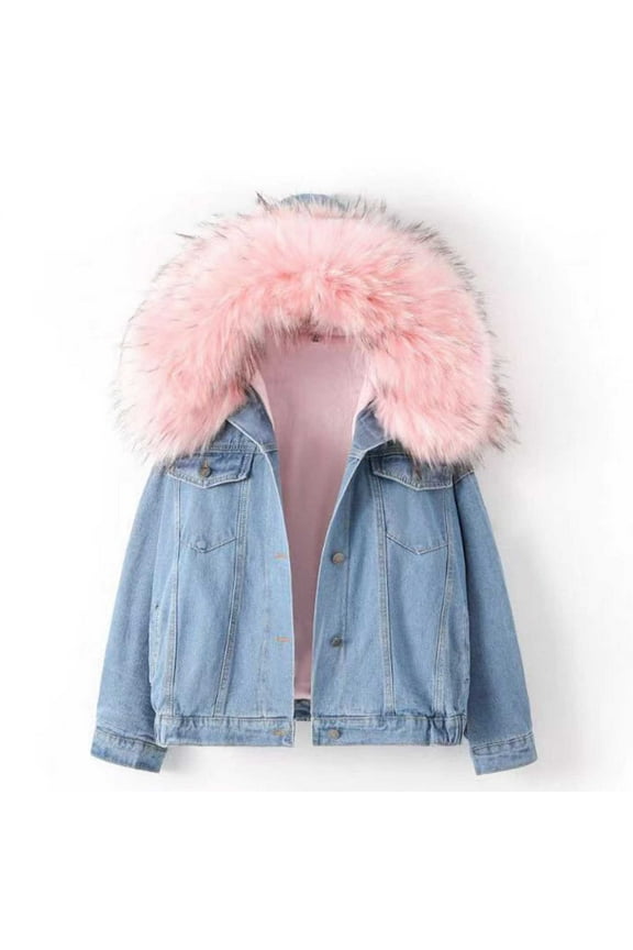 2024 Women's Oversized Hooded Jacket Faux Fur Warm Denim Winter Overcoat Sherpa Lined Denim Qulited Jacket Jean Coat Pink