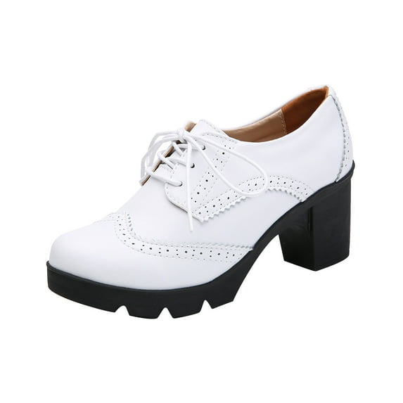 Lovskoo 2024 Women's Oversized Leather Classic Lace Up Platform Chunky Round Toe Mid-Heel Comfortable Round Toe Dress Pump Shoes White
