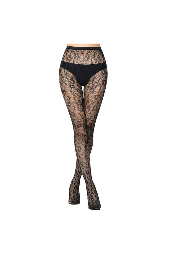 2024 Women's Patterned Fishnet Tights High Waist Pantyhose Floral Sheer Stockings Black-T