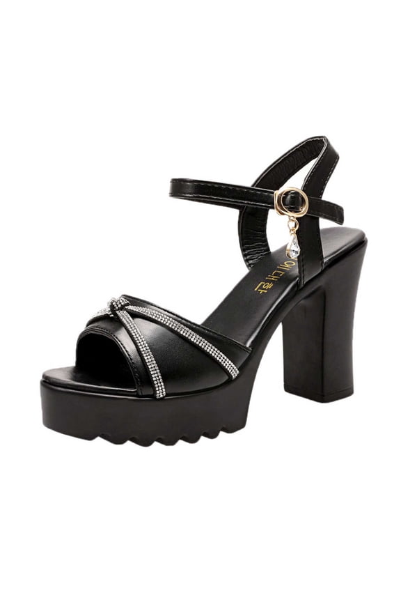 Women's Platform Heels Rhinestone High Block Chunky Open Toe Ankle Strap Heels Wedding Party Evening Prom Dance Dress Pumps Sandals Shoes Black