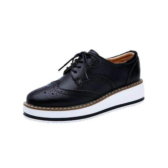 Lovskoo 2024 Women's Platform Leather Shoes Wingtips Square Toe Lace Up Thick Sole British Style Hollowed Out Shoes Black