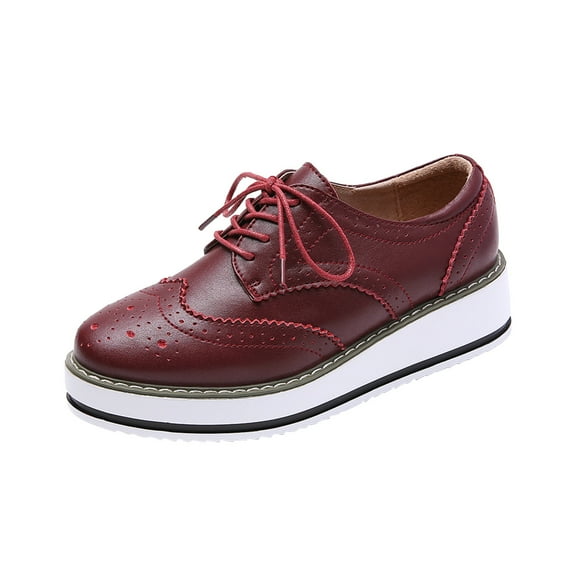 Lovskoo 2024 Women's Platform Leather Shoes Wingtips Square Toe Lace Up Thick Sole British Style Hollowed Out Shoes Burgundy