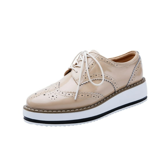 Lovskoo 2024 Women's Platform Leather Shoes Wingtips Square Toe Lace Up Thick Sole British Style Hollowed Out Shoes Khaki