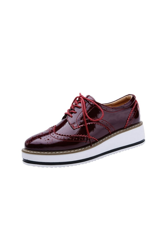 2024 Women's Platform Leather Shoes Wingtips Square Toe Lace Up Thick Sole British Style Hollowed Out Shoes Red