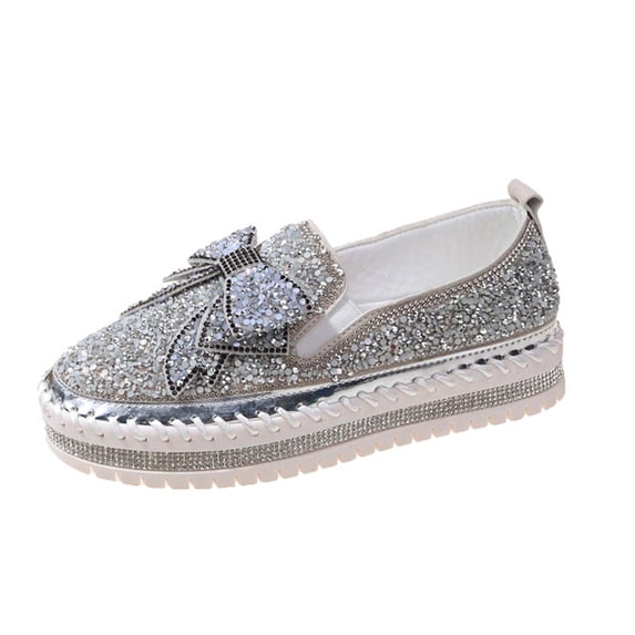 Lovskoo 2024 Women's Platform Shoes Plus-Size Flat Color-Matching Rhinestones Slip-On Loafers Silver