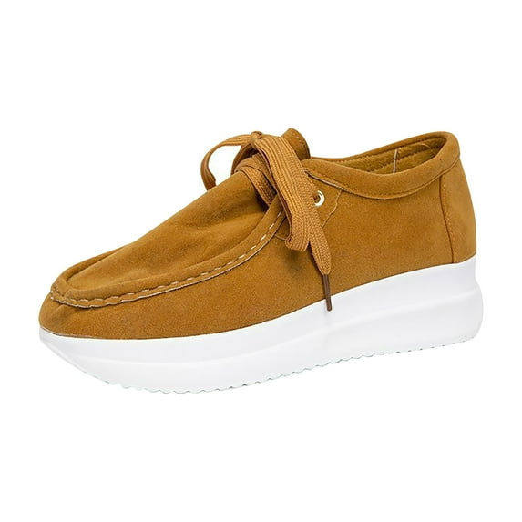 Lovskoo 2024 Women's Platform Shoes Solid Color Lace-Up Wedge Loafers Comfort Shoes Yellow