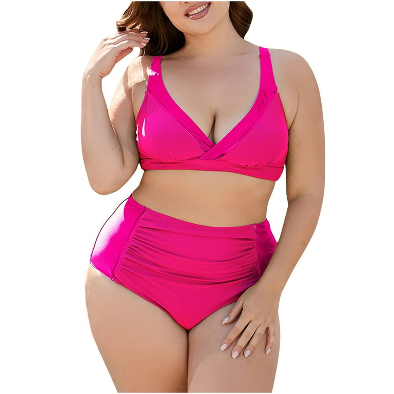 Lovskoo 2024 Women s Plus Size Bikini High Waisted Swimsuits Two Piece Bathing Suits Tummy Control Swimwear Hot Pink 4XL