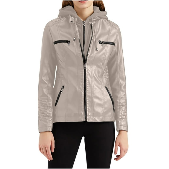 Lovskoo 2024 Women's Plus Size Hooded Faux Leather Jacket Moto Biker Coat Motorcycle Outerwear Fall Jackets for Women 2023 Beige L