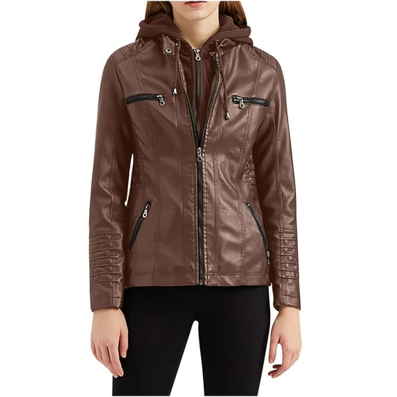 Lovskoo 2024 Women's Plus Size Hooded Faux Leather Jacket Moto Biker Coat Motorcycle Outerwear Fall Jackets for Women 2023 Coffee 6XL