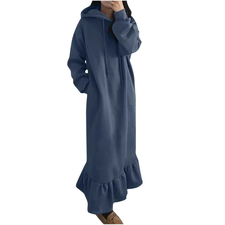 Lovskoo 2024 Women s Plus Size Hooded Sweatshirt Dress Ruffled Hem Floor Length Maxi Dress Winter Warm Solid Color Long Sleeve with Pocket Long Dress Blue Walmart