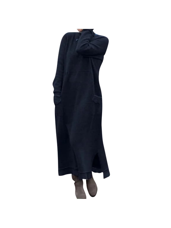 Women's Plus Size Maxi Sweatshirt Dress Trendy Round Neck Lace Soft Winter Warm Solid Color Long Sleeve Pocket Long Dress Dark Blue-A