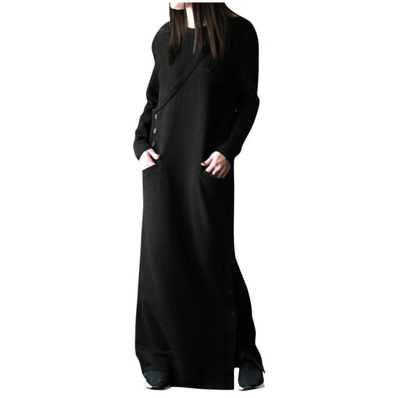 Lovskoo 2024 Women's Plus Size Maxi Sweatshirt Dress Trendy Round Neck Soft Winter Warm Solid Color Long Sleeve Pocket Long Dress Black-D