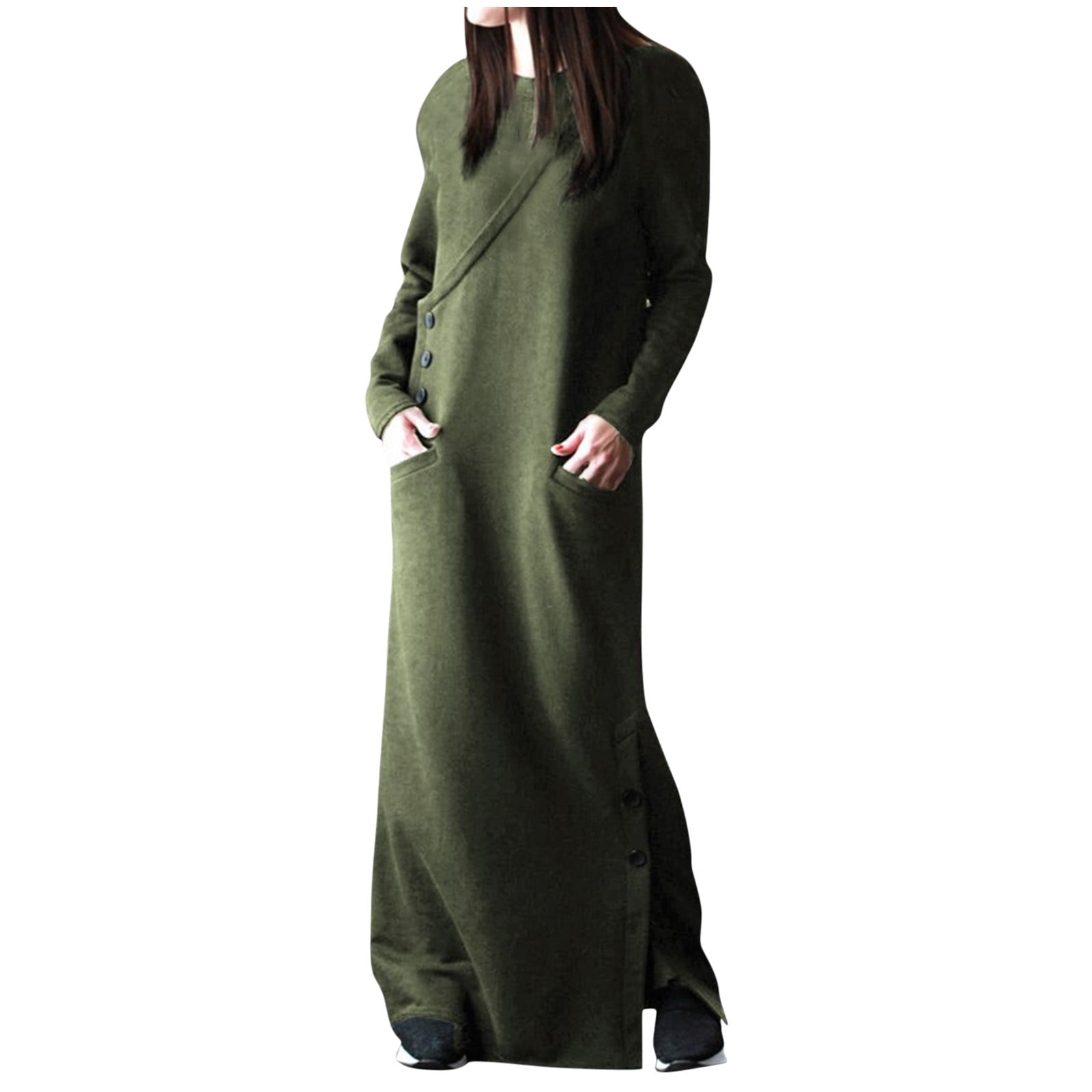 Lovskoo 2024 Women's Plus Size Maxi Sweatshirt Dress Trendy Round Neck Soft  Winter Warm Solid Color Long Sleeve Pocket Long Dress Olive Green-B