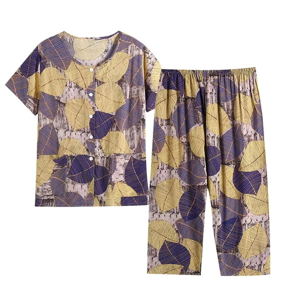 Lovskoo 2024 Women's Plus Size Summer Casual Two Piece Suit Pajamas Short Sleeved Round Neck Top Set Cotton Linen Suit Large Size Comfortable Breathable Loungewear Purple 2XL