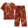 thumbnail image 1 of Lovskoo 2024 Women's Plus Size Summer Casual Two Piece Suit Pajamas Short Sleeved Round Neck Top Set Cotton Linen Suit Large Size Comfortable Breathable Loungewear Red 3XL, 1 of 4