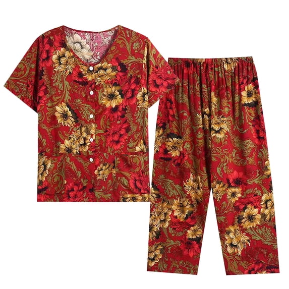 Lovskoo 2024 Women's Plus Size Summer Casual Two Piece Suit Pajamas Short Sleeved Round Neck Top Set Cotton Linen Suit Large Size Comfortable Breathable Loungewear Red 3XL