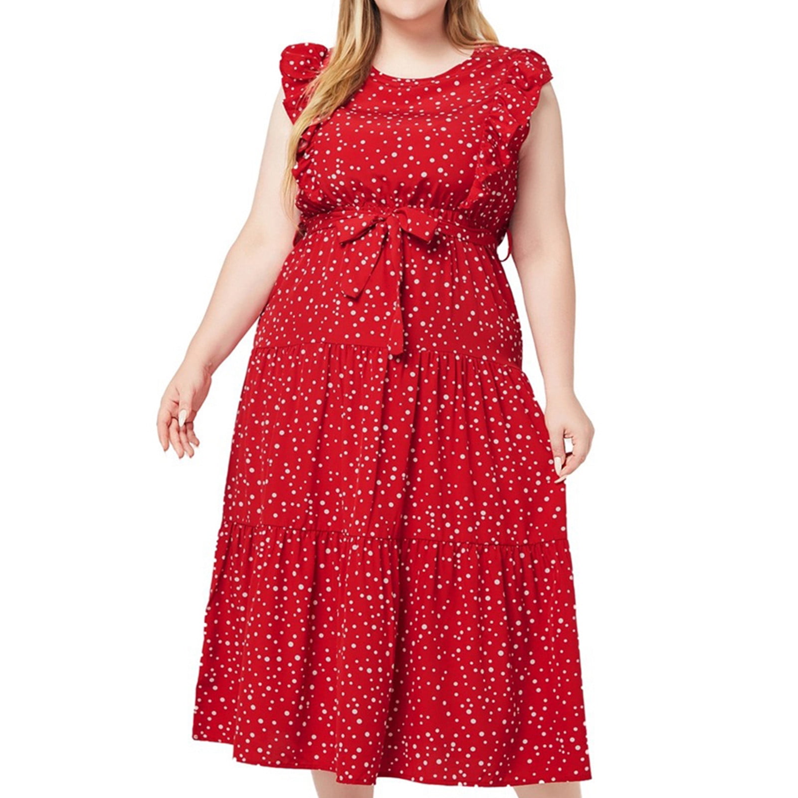 Lovskoo 2024 Women's Plus Size Vintage Ruffle Dress Round Neck ...