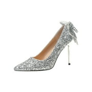 Lovskoo Womens Pointed Toe Stiletto-Heelss Wedding Sandals with Crystal Bow Knot Sequin Bridesmaid Shoes Silver
