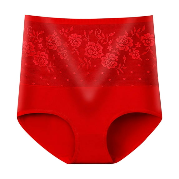 Lovskoo 2024 Women's Print Trendy Briefs Comfortable Cotton High Waist Underwear for Women Panties Briefs Red-L