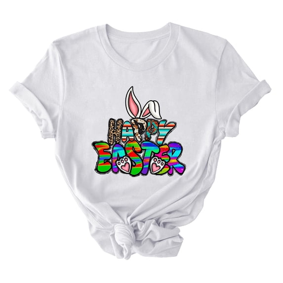 Lovskoo 2024 Women's Printed Round Neck Short Sleeved T-shirt Loose Top White-M