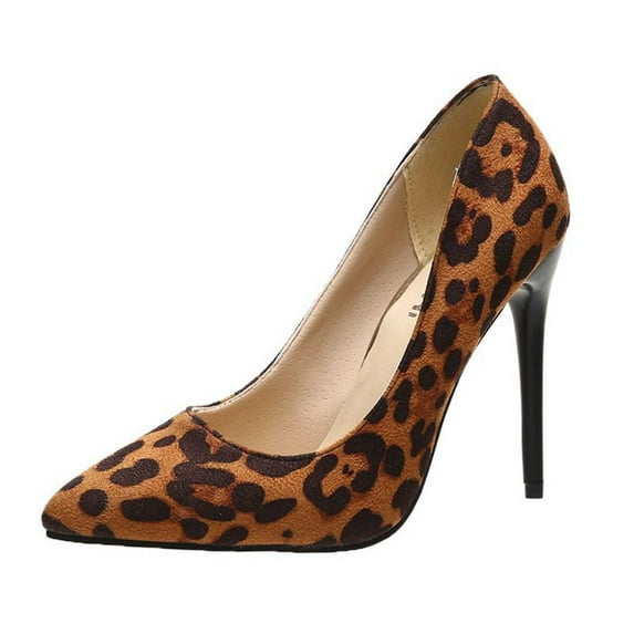 Lovskoo 2024 Women's Pumps Slip on High Heels with Pointed Toe Stiletto Faux Suede Leopard Print Bridal Party Gown Heels for Casual Brown