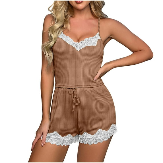 Lovskoo 2024 Women's Pyjamas Pyjamas Sets Lace Cami Tops Shorts Sleepwear Sleepwear Khaki-XL