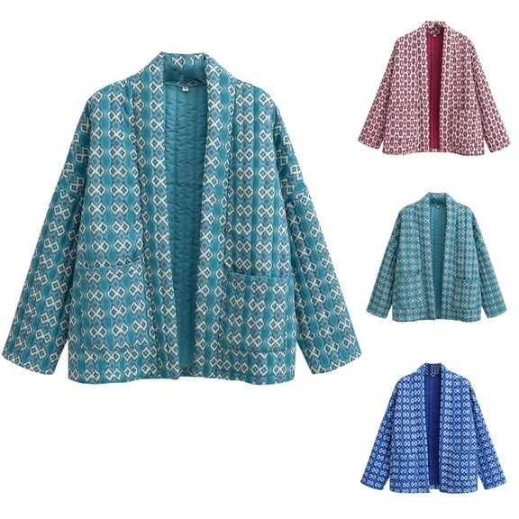 Lovskoo 2024 Women's Quilted Jacket Winter Printed Loose Buttonless Ethnic Style Thin Cotton Jacket Blue